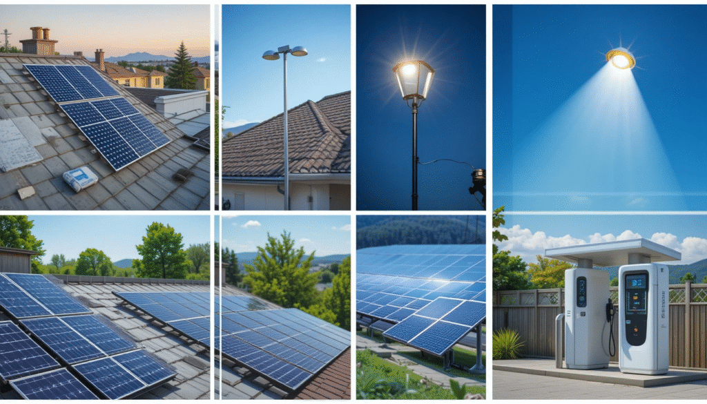 Different types of solar business ideas including rooftop panels, solar lights, heaters, and EV charging