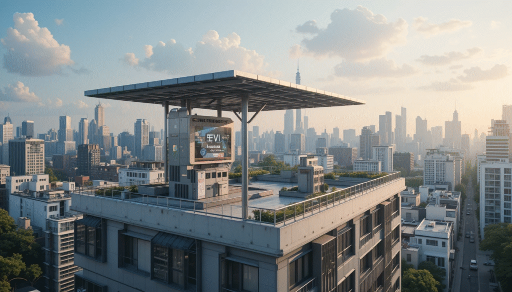 Solar business in urban areas with rooftop panels and EV charging stations
