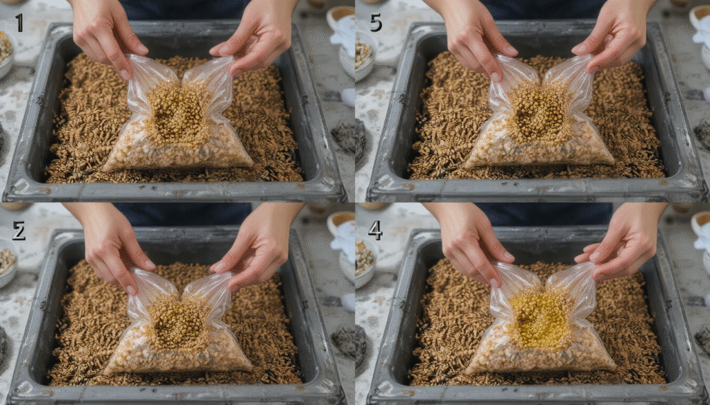 hands filling bags with substrate and spawn