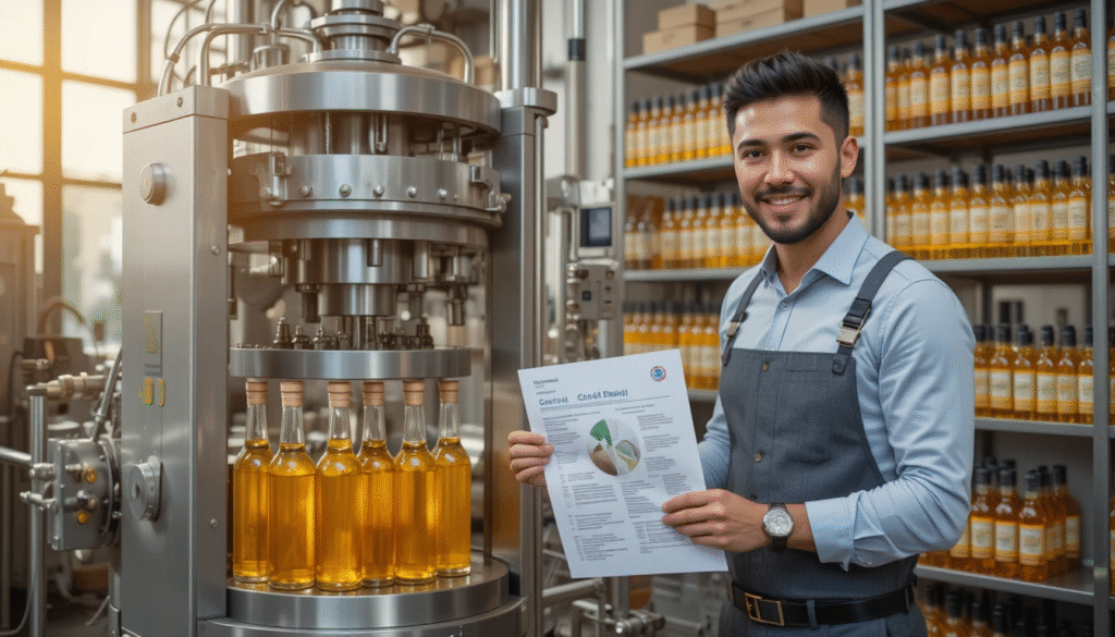 Cold pressed oil business owner with manufacturing machine and packaged products in background