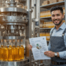 Cold pressed oil business owner with manufacturing machine and packaged products in background