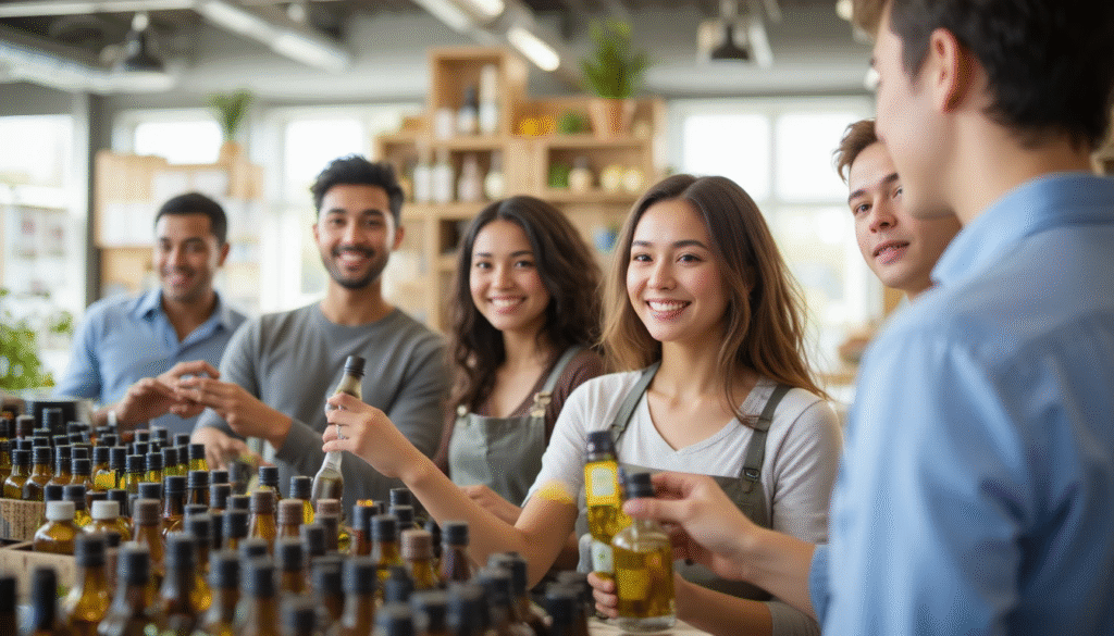 Customers buying cold pressed oils in organic store showing health consciousness