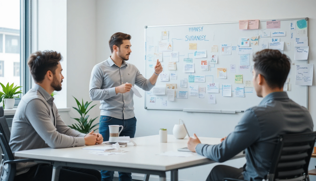 Entrepreneurs discussing cold pressed oil business plan in office