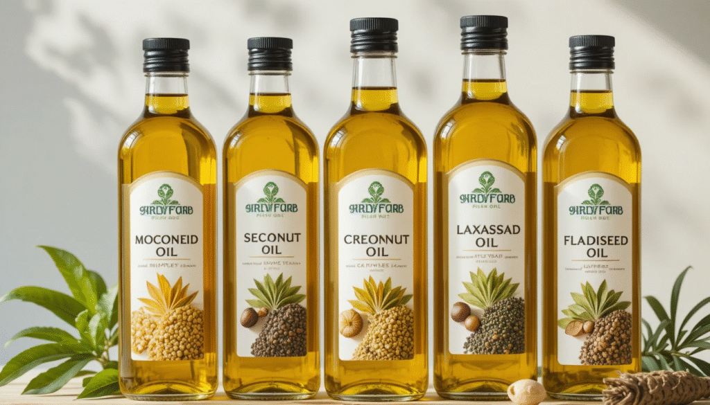 Various cold pressed oils displayed in different bottle sizes