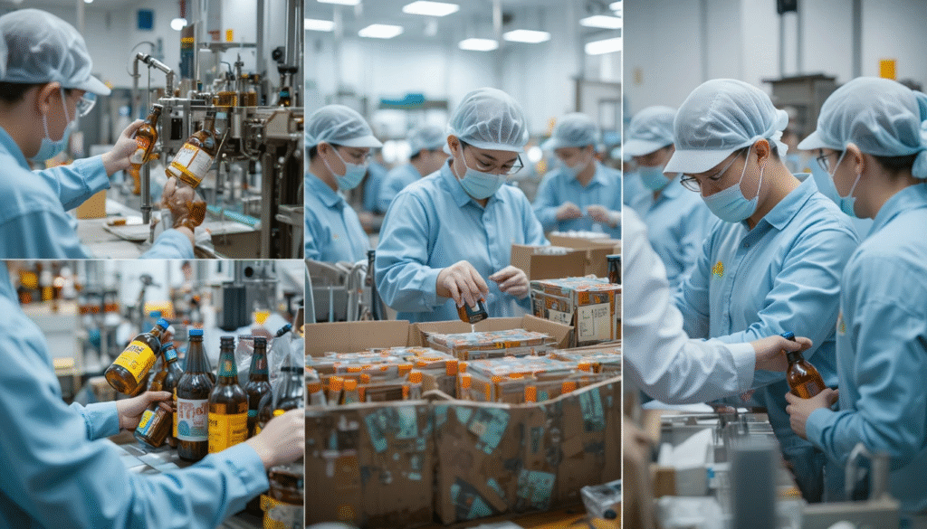 Workers packaging and labeling cold pressed oil bottles