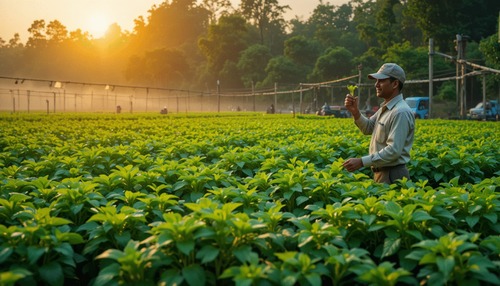 uccessful stevia farming in India showing healthy plants and modern agricultural practices