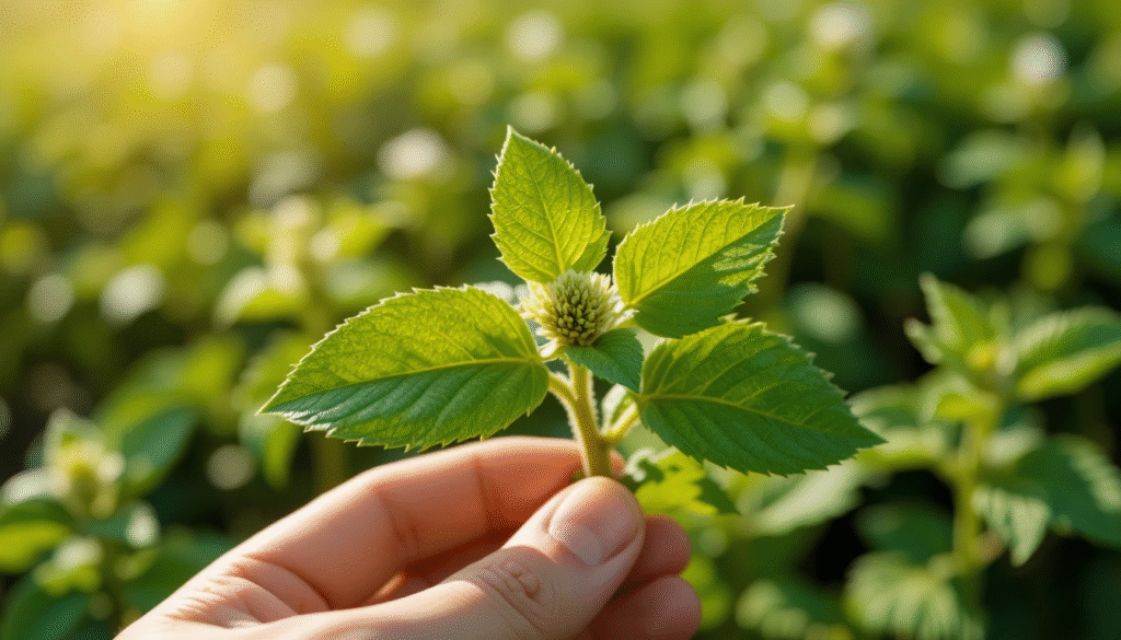 Close-up of stevia plant leaves showing natural sweetener source