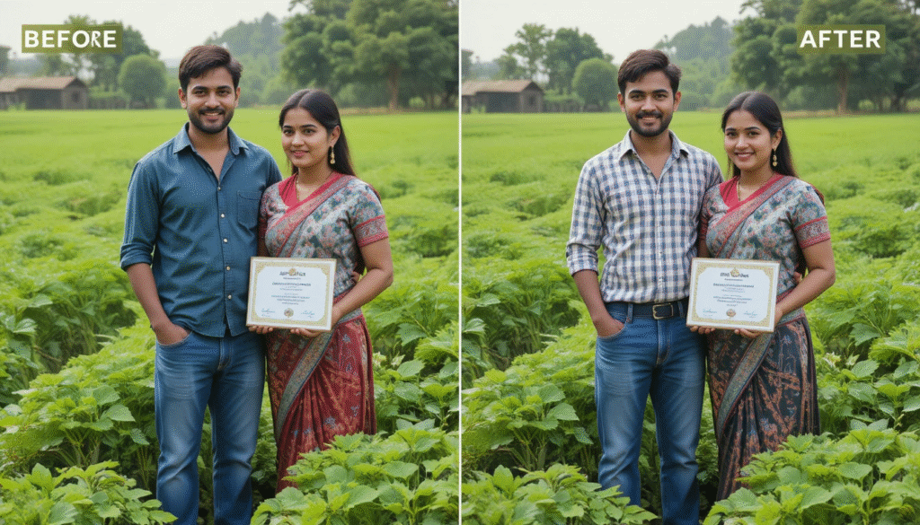 Successful stevia farmer in India showing prosperous cultivation