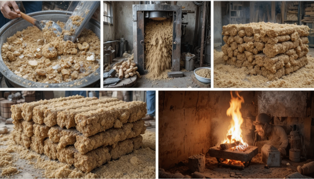Cow dung logs and briquettes manufacturing and usage
