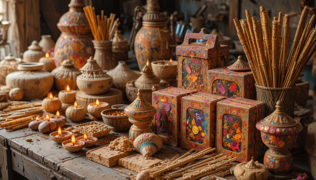 Handmade cow dung diyas and incense sticks production