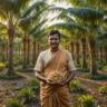 Successful betel nut plantation with ripe nuts and happy farmer