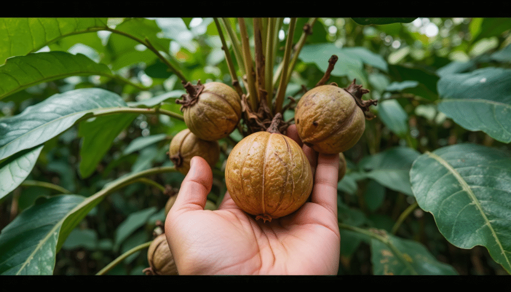 Detailed view of betel nut plant structure and fruits