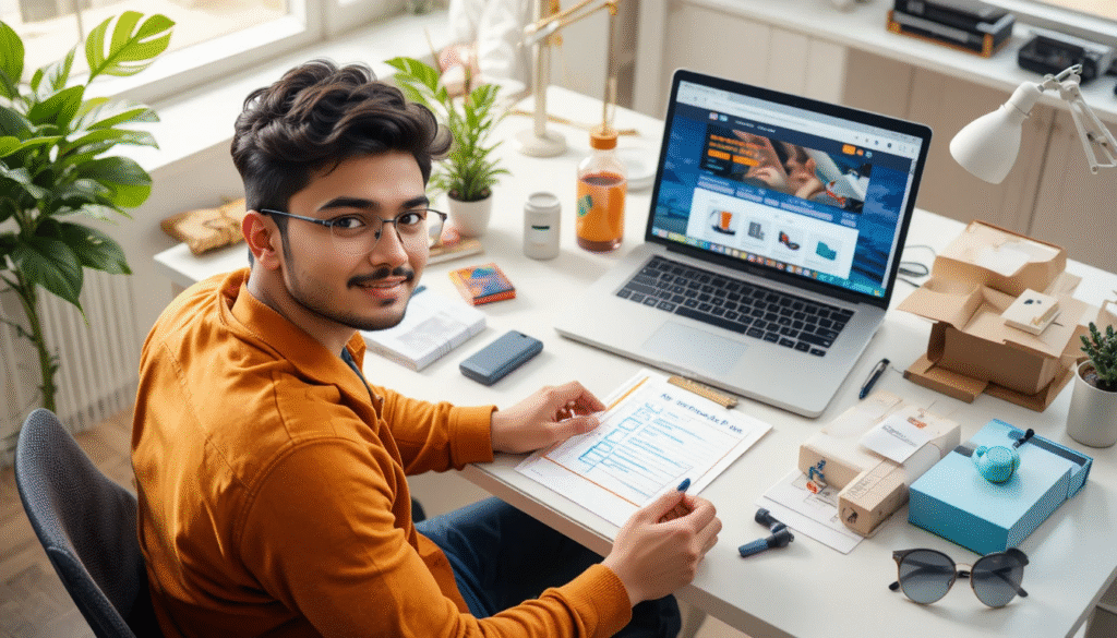 A entrepreneur learns how to buy from Alibaba on their laptop to start an import business with products like electronics and accessories.