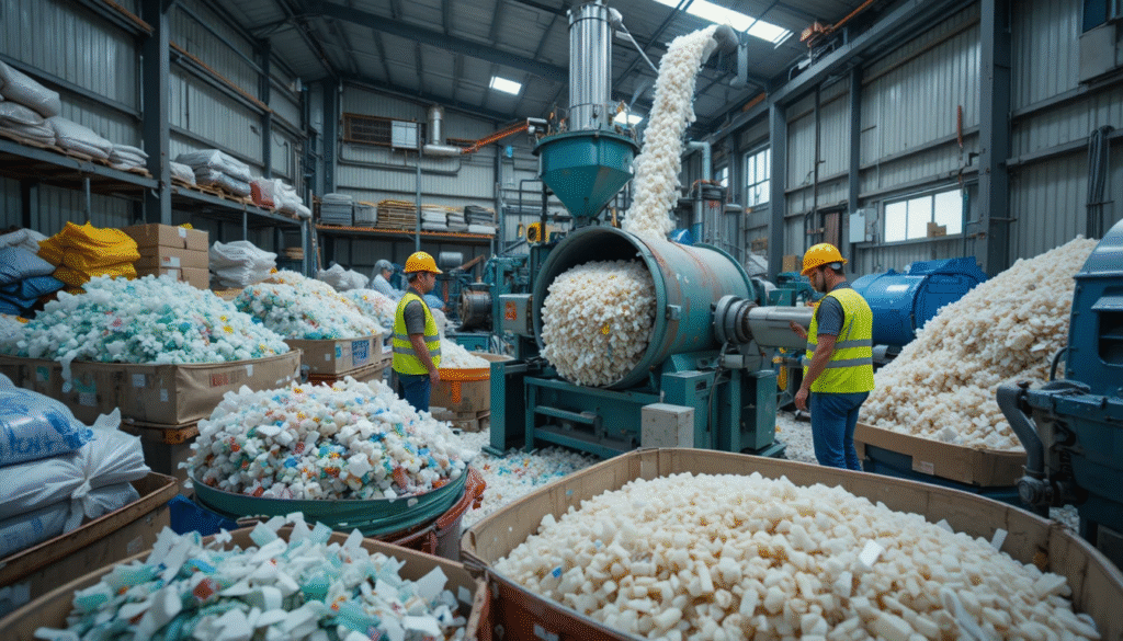 Small-scale plastic recycling plant with shredder and pelletizer.