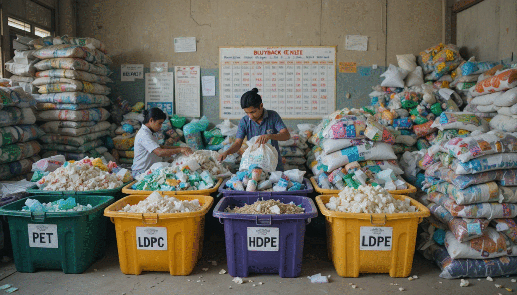 Community plastic collection bins and workers sorting waste.