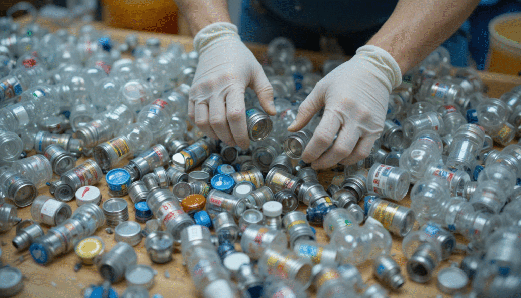 Worker removing labels and metal caps from plastic bottles.
