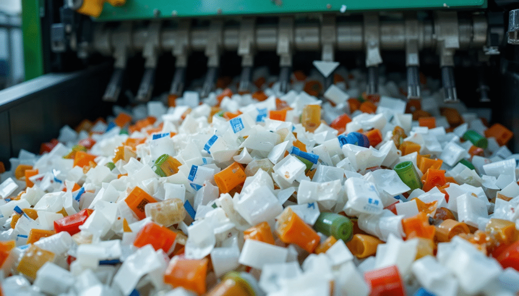 Industrial plastic shredder cutting plastic into flakes.