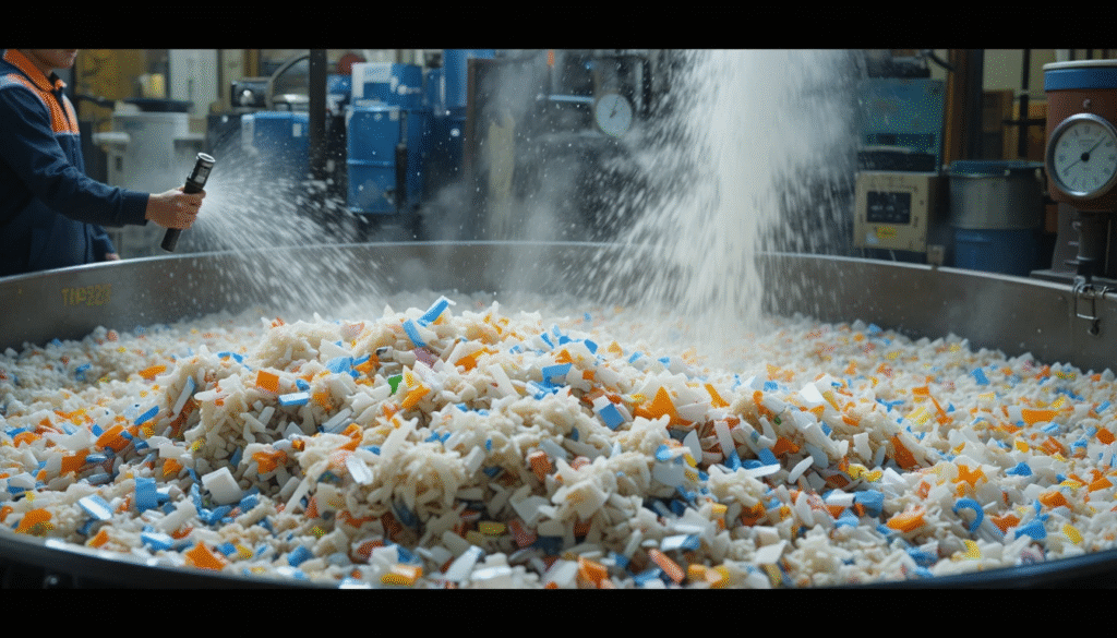 Hot washing tank cleaning shredded plastic flakes.