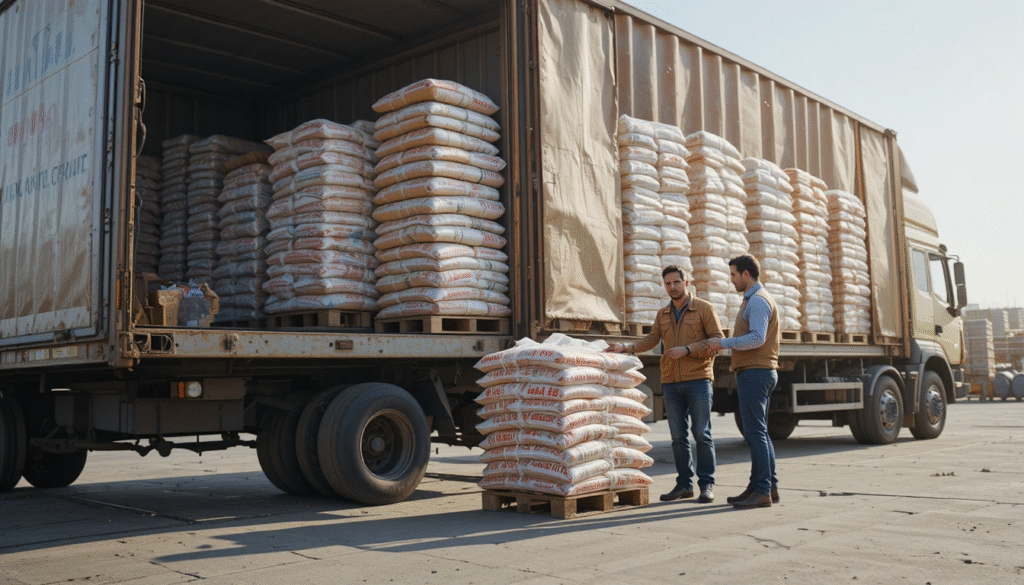Loading pallets of recycled plastic pellets into truck for dispatch.