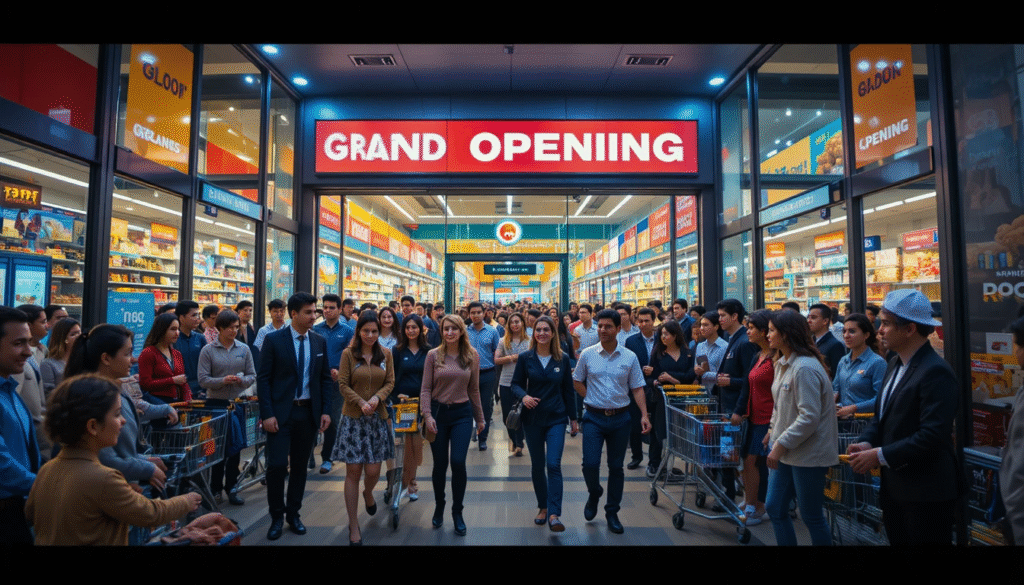 Crowds of happy customers at a supermarket grand opening event with festive decorations