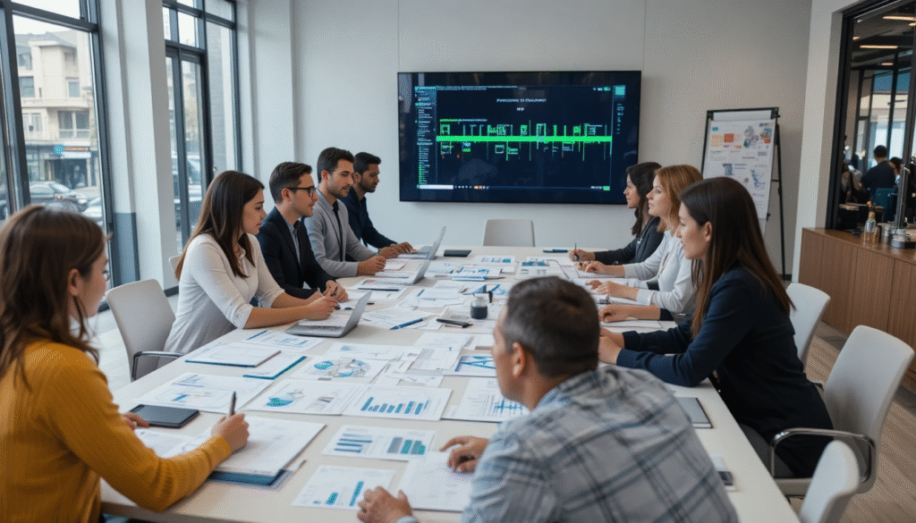 Retail management team developing supermarket strategy with blueprints and financial charts