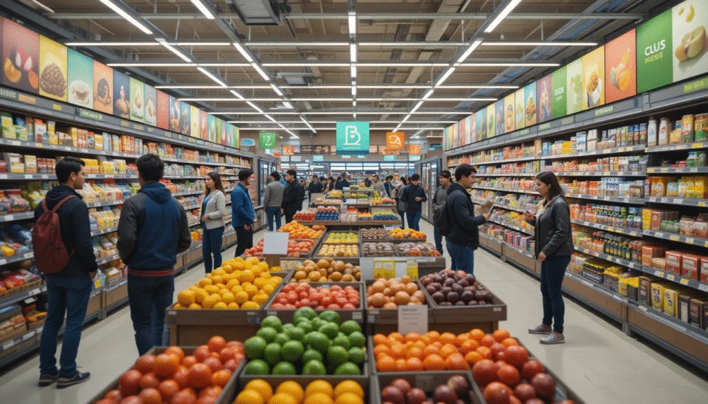 Modern supermarket interior with organized aisles, fresh produce, and engaged shoppers