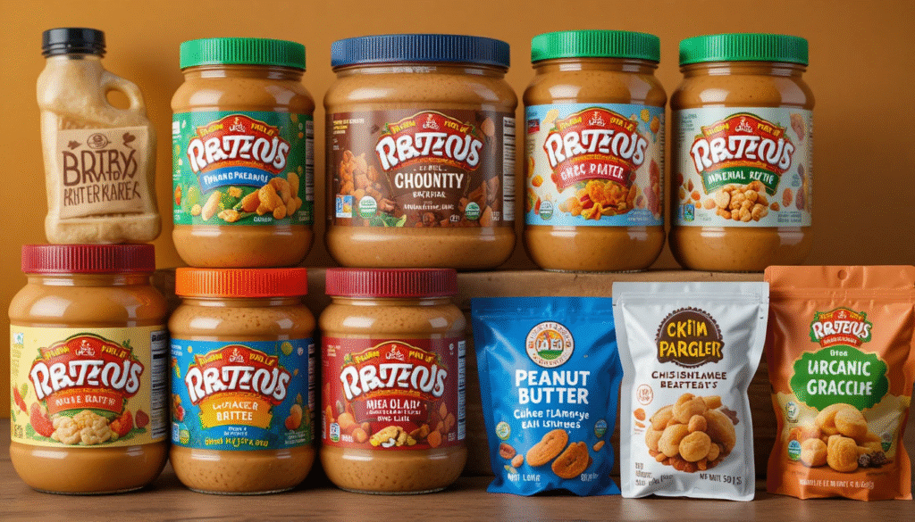 Variety of peanut butter business products in different packaging styles