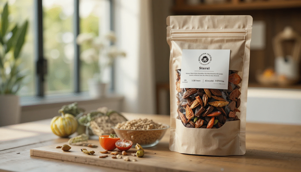 Packaged dry vegetable product showing dried tomato slices and green chilies.