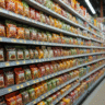 Supermarket shelf displaying various packaged dry vegetables in a brightly lit grocery aisle.