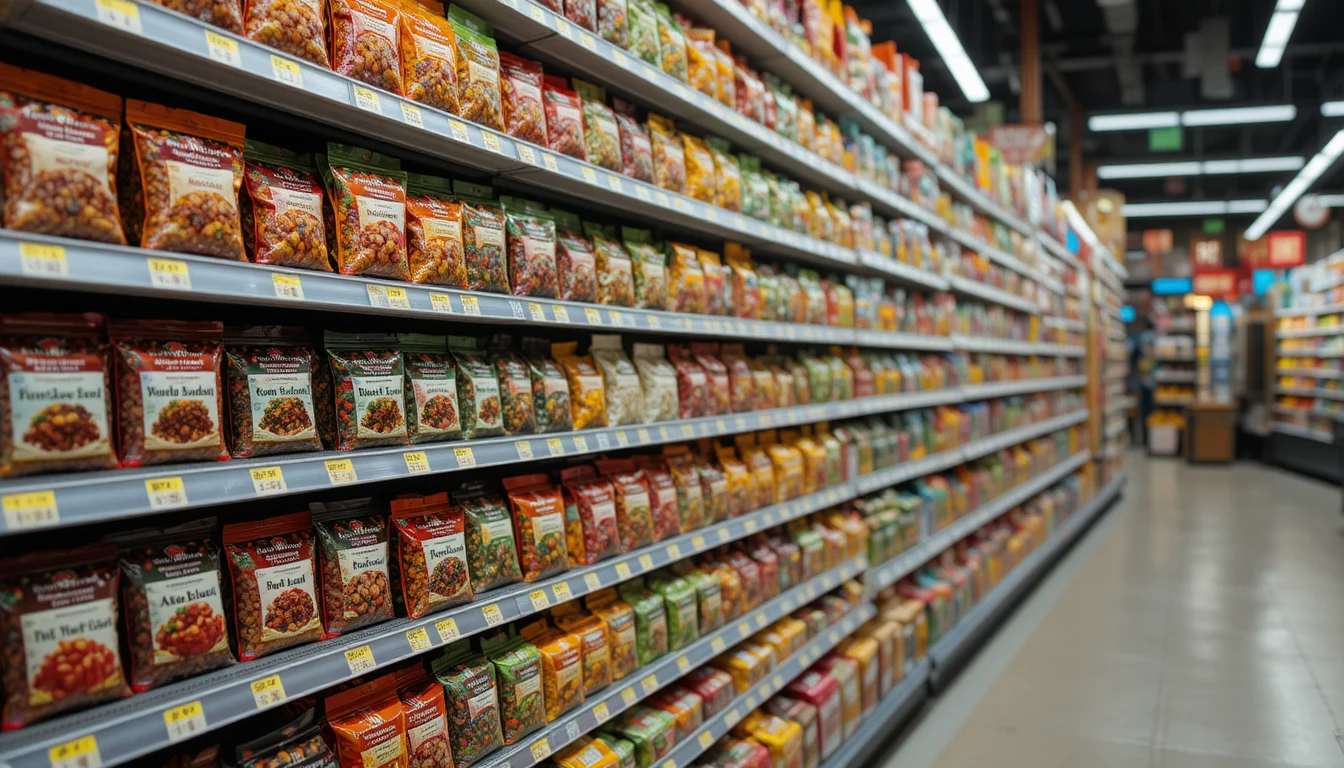 Supermarket shelf displaying various packaged dry vegetables in a brightly lit grocery aisle.