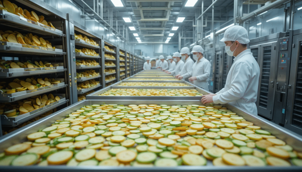 Tray dryer production line with workers monitoring dried vegetables.
