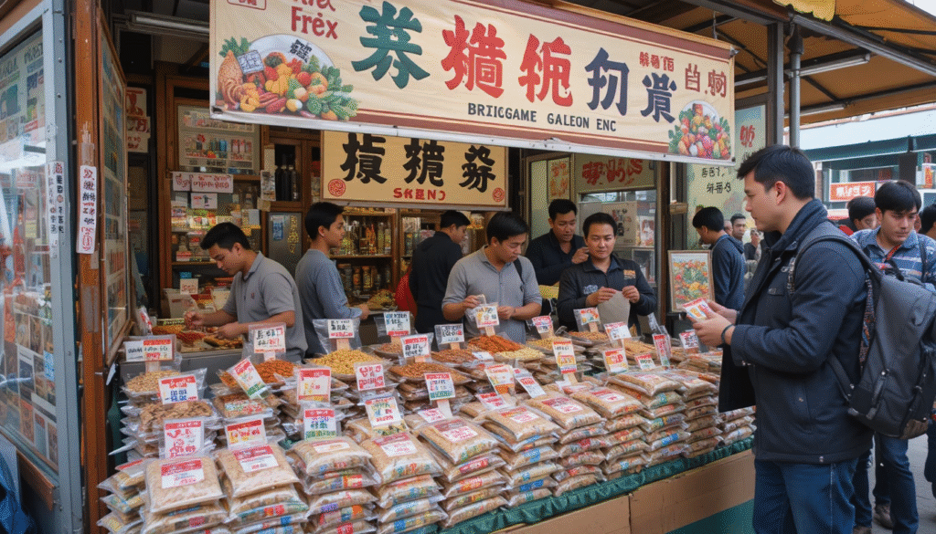 Market stall displaying branded dry vegetable packets with customers sampling.